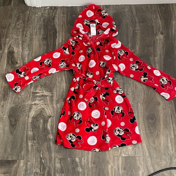 Disney Other - DISNEY MINNIE MOUSE Girls Size Medium (8) Hooded Robe White Red Black Fuzzy Soft